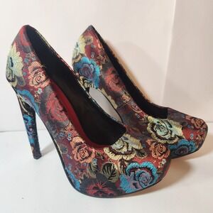 Naughty Monkey Floral Tapestry Platform Pumps Red Gold Teal Brocade Heels